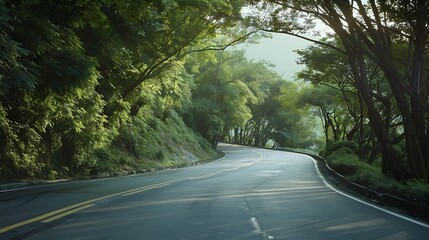 Obraz premium Asphalt road and green forest with mountain nature landscape in Hangzhou China : Generative AI