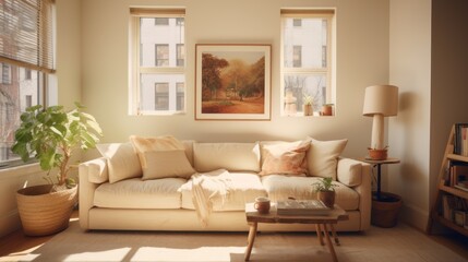 living room with a comfy, oversized sofa in a neutral hue, 