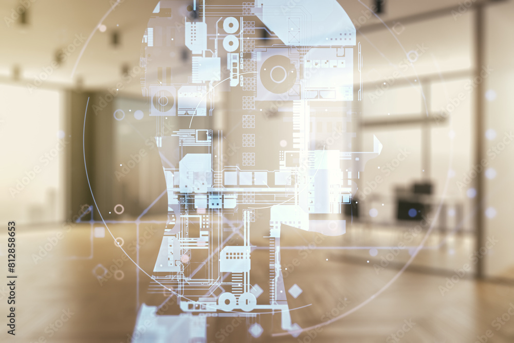 Aufkleber double exposure of creative artificial intelligence hologram on modern corporate office background. 