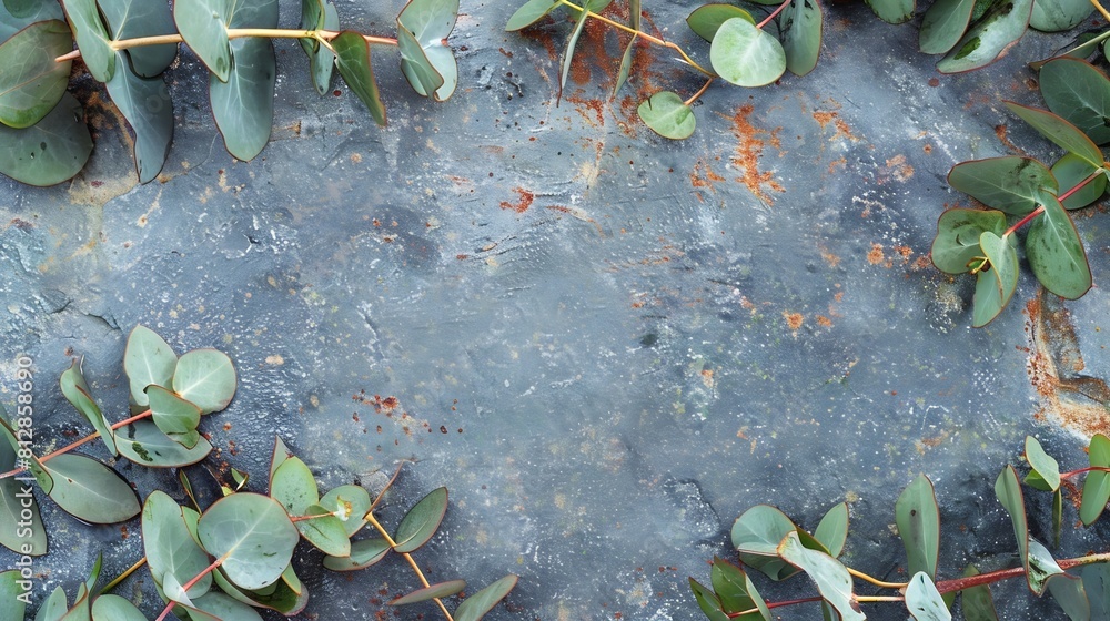 Poster Eucalyptus leaves on stone table Frame made of eucalyptus branches Flat lay top view copy space : Generative AI