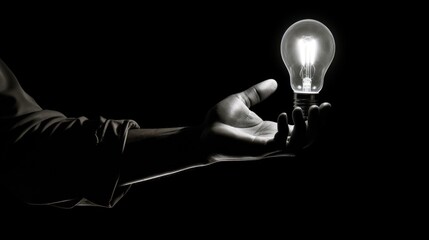black and white image of a person's hand reaching out to touch a glowing lightbulb. 
