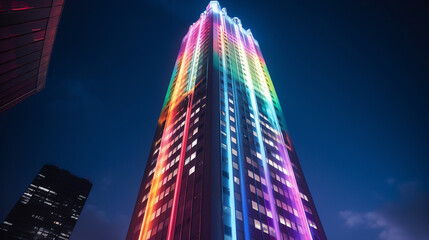A towering skyscraper illuminated with rainbow lights at night.
