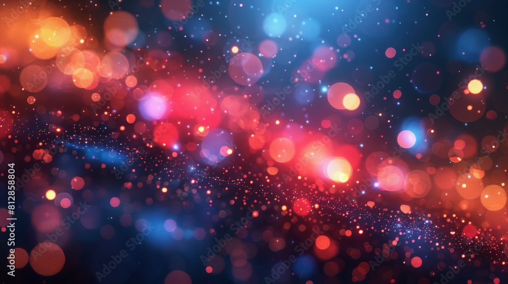 Poster a colorful abstract background comprising bokeh light effects in hues of red, blue, and gold, creati