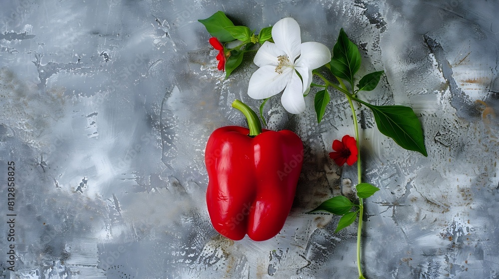 Aufkleber red pepper with leaf and flower color card on gray background food healthy eating and dieting concep