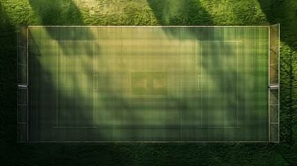 Naklejka premium A cricket pitch direct top view of the layout with the grass cricket field : Generative AI