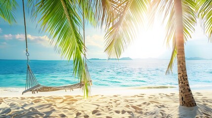 Tropical beach background as summer landscape with beach swing or hammock and white sand and calm sea for beach banner Perfect beach scene vacation and summer holiday concept Boost up  : Generative AI
