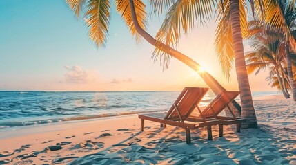 Tropical beach background as summer landscape with lounge chairs and palm trees and calm sea for beach banner : Generative AI