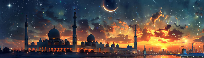 enchanting mosque night scene featuring a towering building and a serene body of water - Powered by Adobe
