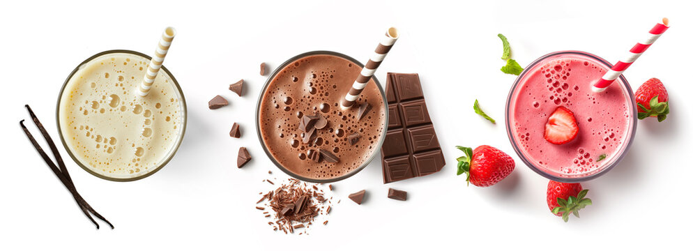 Set of fresh various delicious milkshakes or smoothies, top vies, isolated on white background. Strawberry, vanilla and chocolate flavor
