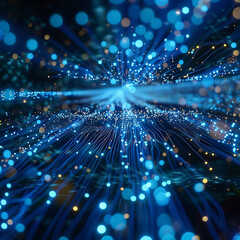 A visualization of data transfer within a computer network, depicted as blue streaks of light moving through a dark space.
