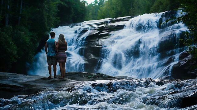 Couple standing on the rock enjoying beautiful waterfall viewFriends relaxing on hiking tripHigh Falls  of Dupont State Forest in Brevard Blue Ridge Mountains near Asheville North Caro : Generative AI