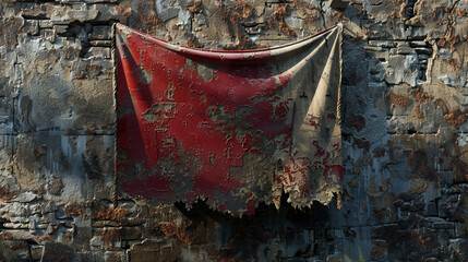 A weathered, crimson banner hangs limply on a stone wall, its surface cracked and peeling.