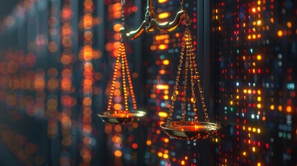 Legal Balance Symbol in Neon Data Center: Justice Concept