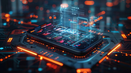 A conceptual digital illustration of a smartphone with a transparent view into its internal circuitry and processors, symbolizing advanced technology and computing power.