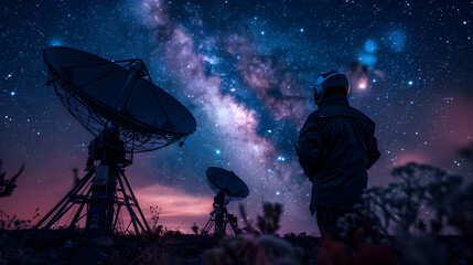 Technicians monitoring deep space communication systems at ground station ensuring contact with distant spacecraft: A photo realistic depiction of Deep Space Communication concept