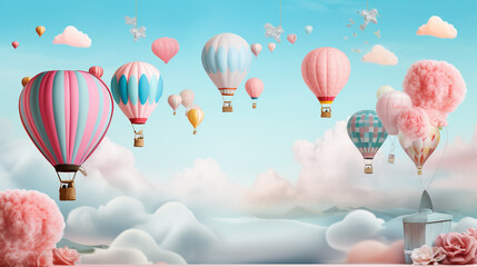 A whimsical birthday banner adorned with fluffy clouds and hot air balloons, perfect for a dreamy celebration.