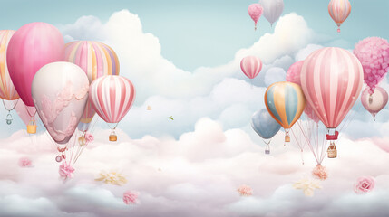 A whimsical birthday banner adorned with fluffy clouds and hot air balloons, perfect for a dreamy celebration.