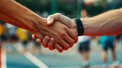 Two basketball players shaking hands after the game