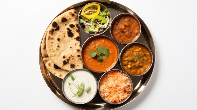  top-down view of a traditional Indian thali set, 