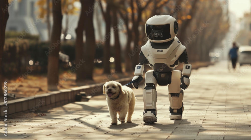 Poster a robot walking a dog along a tree-lined sidewalk, showcasing a futuristic scene where advanced tech
