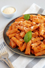 Homemade Vodka Rigatoni Pasta with Parmesan and Basil, side view.