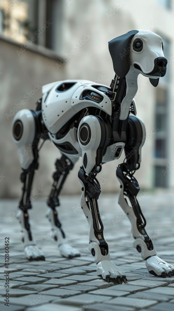 Poster a robot dog with a black and white exterior that resembles a dalmatian stands on a cobblestone surfa