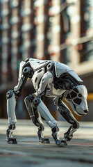 A futuristic quadruped robot resembling a dog, with a sleek white and black design, standing on a pavement with blurred buildings in the background.