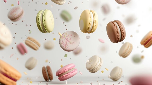 macaroons flyng on white background