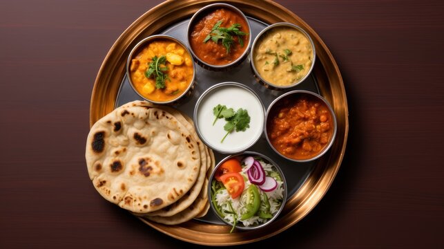  top-down view of a traditional Indian thali set, 
