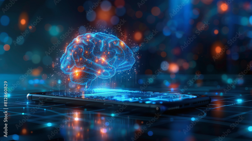 Poster a digital brain hologram rises from a smartphone, symbolizing advanced artificial intelligence or ma