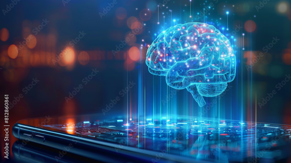 Poster a digital illustration of a glowing, neural network-style brain floating above a smartphone, symboli