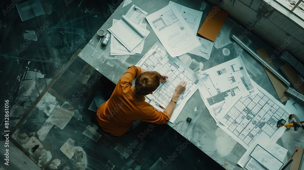 Poster top view of architectural engineer working on his blueprints with documents on construction site mee