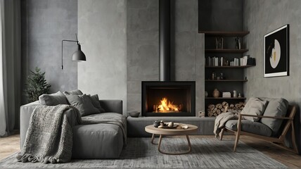 Grey color modern living room with fireplace