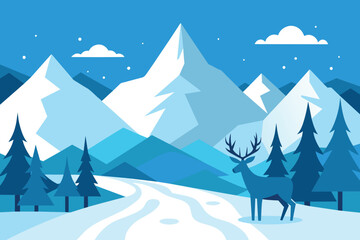 Snowy Winter Landscape with Trees, Mountains, and Deer
