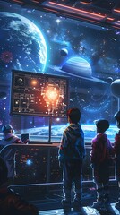 Young Explorers Gazing at Awe Inspiring Galactic Wonders in Futuristic Planetarium
