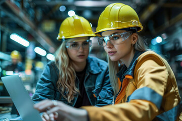 Two female engineers in hard hats are analyzing data on a laptop in an industrial setting, possibly discussing a project or machinery operation.