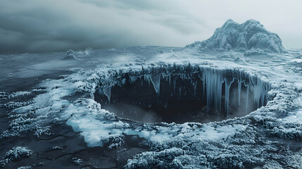Frozen Volcanic Crater: Icy Cover Over Dark Volcanic Rock   Photo Realistic Concept of a Dormant Volcano s Frozen Crater, Contrasting Elements in Stock Photo