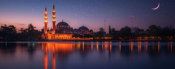 ethereal glow of the mosque in moonlight illuminates a serene landscape of blue skies, calm waters, and a tall green tree, with a prominent building in the foreground