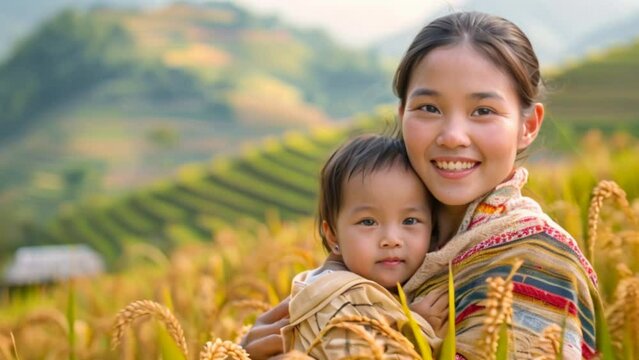 Vietnamese mother and child Terraced rice spa There are children in the background.