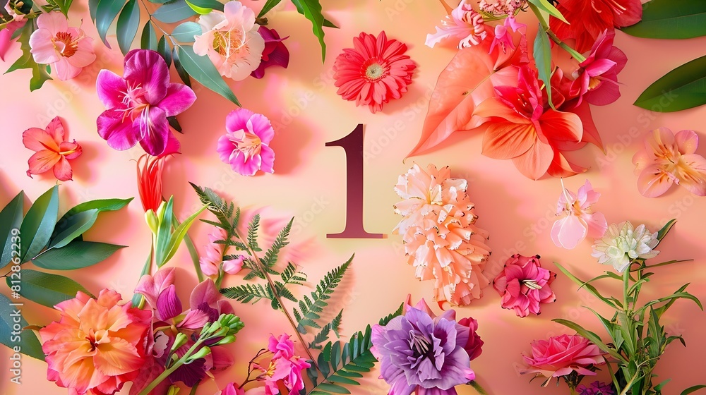 Poster Layout with colorful flowers leaves and number one Flat lay Top view : Generative AI