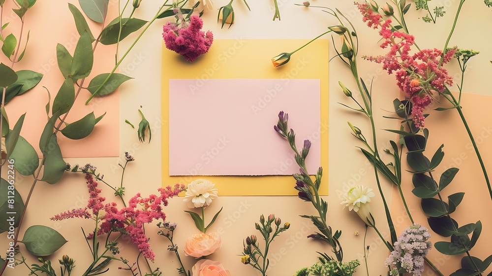 Poster creative layout made of flowers and leaves with paper card note flat lay nature concept : generative