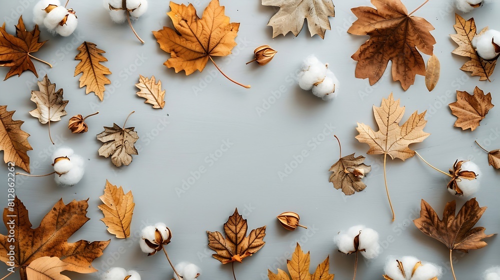 Poster autumn composition frame made of cotton flowers dried maple leaves on pastel gray background autumn 