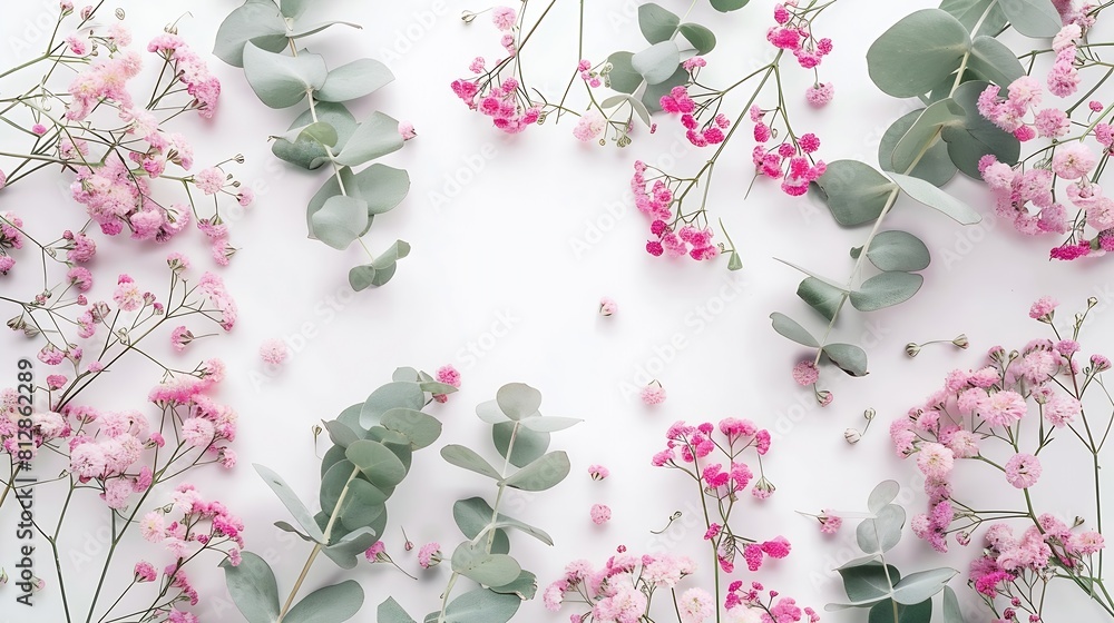 Poster flowers composition frame made of of pink gypsophila flowers and eucalyptus branches on white backgr