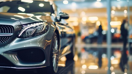 Close-up, car parked in luxury showroom. Car dealership office. New car parked in modern showroom. Car for sale and rent business concept. Automobile leasing and insurance background.