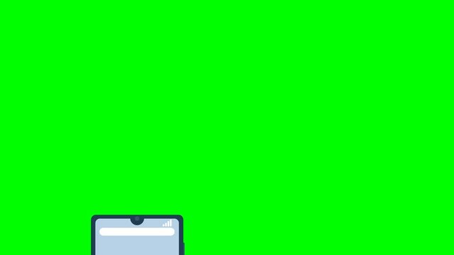 Mockup smartphone on green transparent for infographic business website design app. Phone appears at the top, moves to the center, disappears at the bottom of the screen. 2d animation. Alpha channel