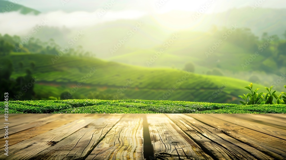 Poster wooden table top on blur green tea mountain and grass fieldfresh and relax conceptfor montage produc