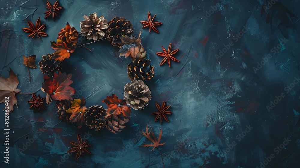 Poster autumn composition wreath made of autumn leaves pine cones anise star flat lay top view copy space :