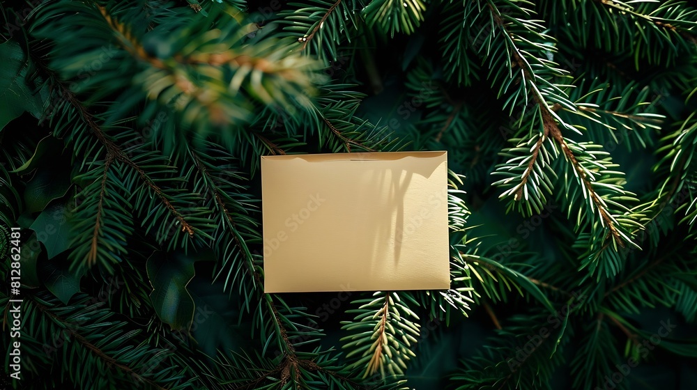 Poster creative layout made of christmas tree branches with paper card note flat lay nature new year concep