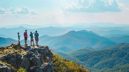 Fototapeta premium Family hiking on vacation standing with arms around on top of the mountain looking at beautiful summer mountains landscape People enjoying beautiful view North Carolina USA : Generative AI