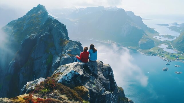 Couple family traveling together on cliff edge in Norway man and woman lifestyle concept summer vacations outdoor aerial view Lofoten islands Reinebringen mountain top : Generative AI